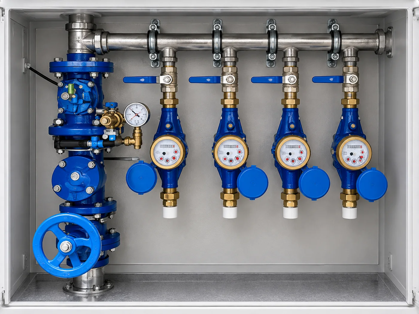Armario técnico de distribución de agua con contadores y válvulas