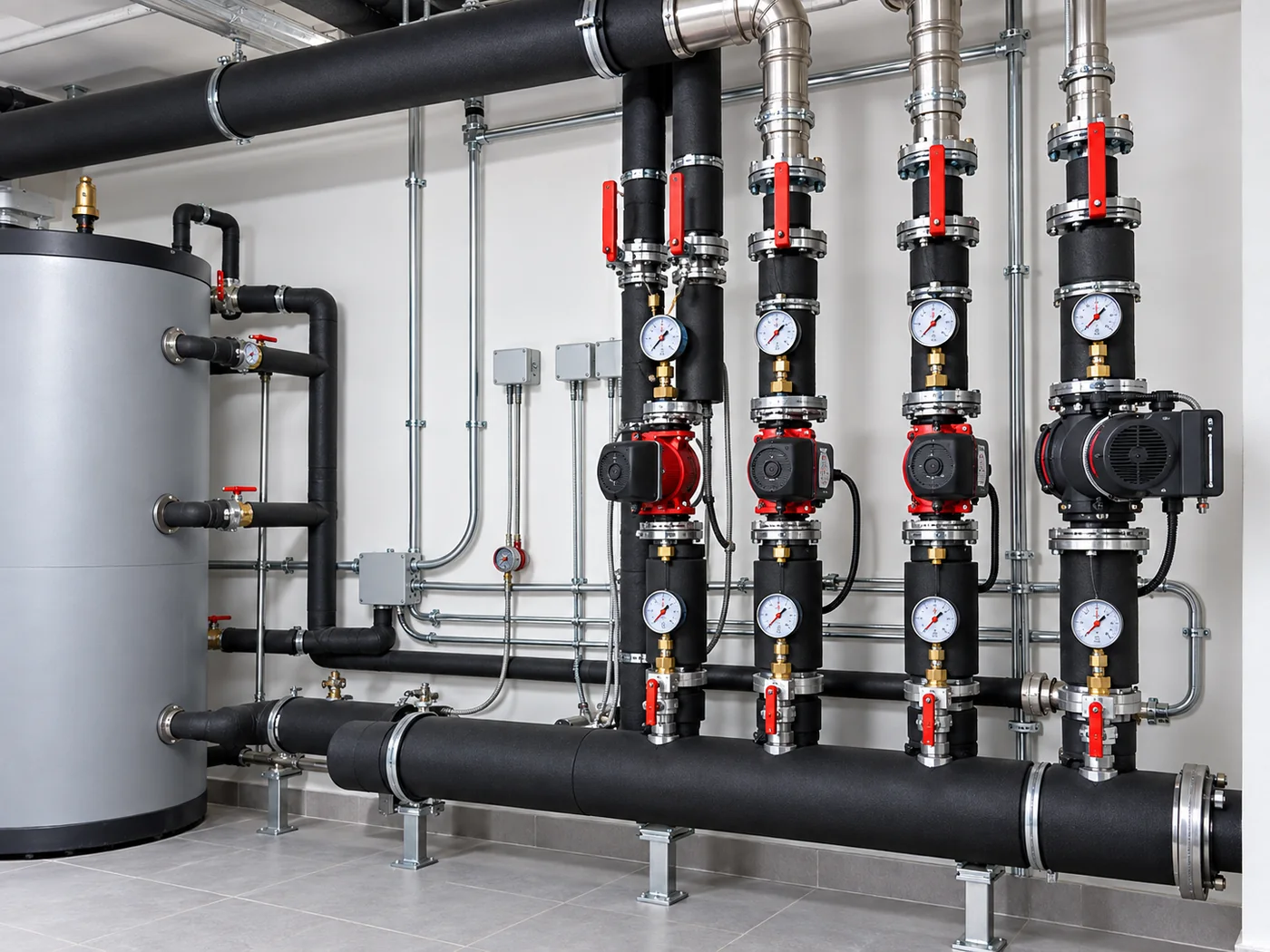 Instalación técnica con colectores, bombas y redes de agua bien organizadas