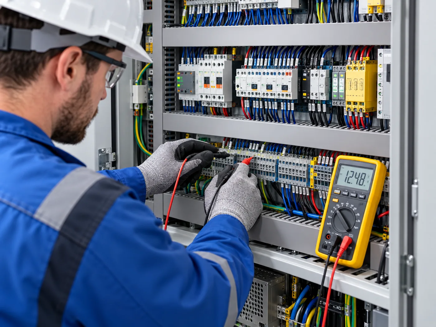 Técnico realizando diagnóstico eléctrico con multímetro en un cuadro de control