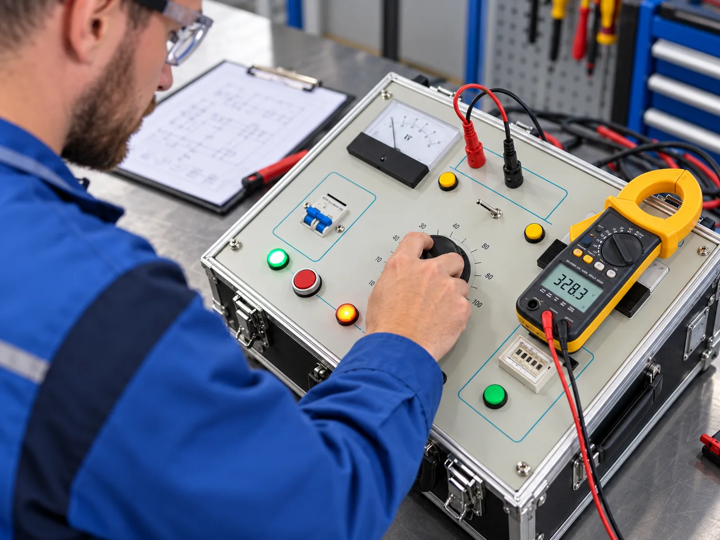 Técnico realizando pruebas y verificaciones sobre un panel de ensayo