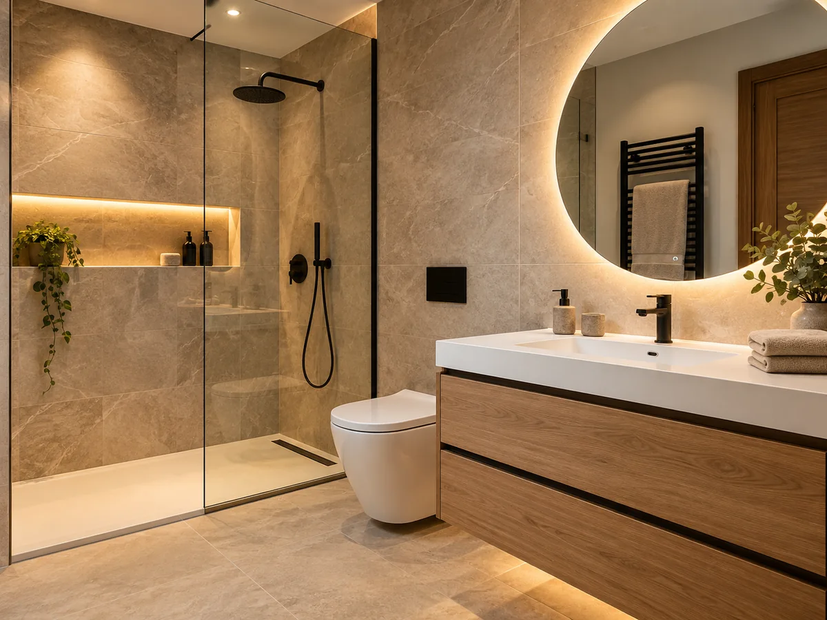 Baño reformado con ducha, revestimientos e iluminación