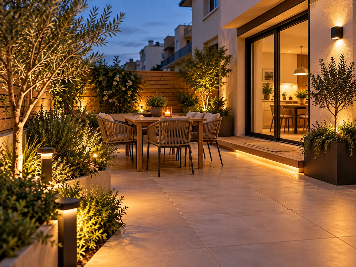 Terraza residencial reformada con vegetación e iluminación exterior